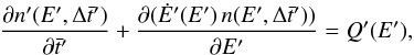 \appendix \setcounter{section}{2} \begin{equation} \frac{\partial n'(E',\Delta \bar{t}')}{\partial \bar{t}'} + \frac{\partial (\dot{E}'(E')\, n(E',\Delta \bar{t}'))}{\partial E'} = Q'(E'), \label{eq:EDO dmitry} \end{equation}
