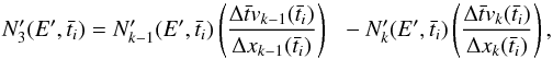 \appendix \setcounter{section}{2} \begin{equation} N'_3(E',\bar{t}_i)=N'_{k-1}(E',\bar{t}_i)\left(\frac{\Delta \bar{t} v_{k-1}(\bar{t}_i)}{\Delta x_{k-1}(\bar{t}_i)}\right)\\ -N'_{k}(E', \bar{t}_i)\left(\frac{\Delta \bar{t} v_{k}(\bar{t}_i)}{\Delta x_{k}(\bar{t}_i)}\right), \label{eq:advection} \end{equation}