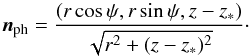 \appendix \setcounter{section}{3} \begin{equation} \vec{n}_{\rm ph}={(r\cos\psi,r\sin\psi,z-z_*)\over \sqrt{r^2+(z-z_*)^2}} \cdot \end{equation}