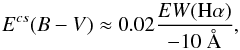 \begin{equation} E^{cs}(B-V) \approx 0.02\frac{EW(\rm H\alpha)}{-10~\AA}, \end{equation}