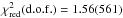 \hbox{$\chi^2_\mathrm{red}(\mathrm{d.o.f.}) = 1.56(561)$}