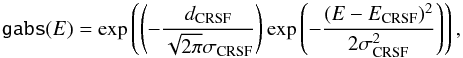 \begin{equation} \texttt{gabs}(E) = \exp\left(\left(- \frac{d_\mathrm{CRSF}}{\sqrt{2\pi}\sigma_\mathrm{CRSF}} \right) \exp\left( -\frac{(E- E_\mathrm{CRSF})^2}{2\sigma_\mathrm{CRSF}^2} \right)\right), \end{equation}