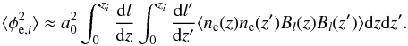 \appendix \setcounter{section}{1} \begin{equation} \langle\phi_{{\rm e}, i}^2\rangle\approx a_0^2\int_0^{z_{i}}\frac{\mathrm{d}l}{\mathrm{d}z}\int_0^{z_{i}}\frac{\mathrm{d}l^{\prime}}{\mathrm{d}z^{\prime}}\langle n_{\rm e}(z) n_{\rm e}(z^{\prime}) B_{l}(z)B_{l}(z^{\prime})\rangle\mathrm{d}z\mathrm{d}z^{\prime}. \end{equation}