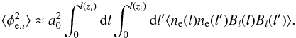 \appendix \setcounter{section}{1} \begin{equation} \langle\phi_{{\rm e}, i}^2\rangle\approx a_0^2\int_0^{l(z_{i})}\mathrm{d}l\int_0^{l(z_{i})}\mathrm{d}l^{\prime}\langle n_{\rm e}(l) n_{\rm e}(l^{\prime}) B_{l}(l)B_{l}(l^{\prime})\rangle. \end{equation}