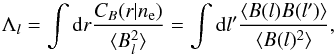 \appendix \setcounter{section}{1} \begin{equation} \Lambda_{l}=\int \mathrm{d}r\frac{C_B(r|n_{\rm e})}{\langle B_l^2\rangle}=\int \mathrm{d}l^{\prime}\frac{\langle B(l)B(l^{\prime})\rangle}{\langle B(l)^2\rangle}, \end{equation}