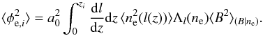 \appendix \setcounter{section}{1} \begin{equation} \langle\phi_{{\rm e}, i}^2\rangle= a_0^2\int_0^{z_{i}}\frac{\mathrm{d}l}{\mathrm{d}z}\mathrm{d}z\,\langle n_{\rm e}^2(l(z))\rangle\Lambda_{l}(n_{\rm e})\langle B^2\rangle_{(B|n_{\rm e})}. \end{equation}