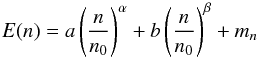 \begin{equation} \label{eq:QMC_E} E(n) = a \left(\frac{n}{n_0}\right)^{\alpha} + b \left(\frac{n}{n_0}\right)^{\beta} + m_n \end{equation}