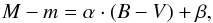 \begin{equation} M-m=\alpha\cdot (B-V)+ \beta{\rm ,} \label{calib-cur} \end{equation}