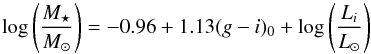 \begin{equation} \log\left(\frac{M_{\star}}{{M_{\odot}}}\right)=-0.96+1.13(g-i)_{0}+\log\left(\frac{L_{i}}{{L_{\odot}}}\right) \label{masseq} \end{equation}