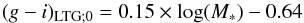 \begin{equation} (g-i)_{\rm LTG;0}=0.15\times \log(M_*)-0.64 \end{equation}
