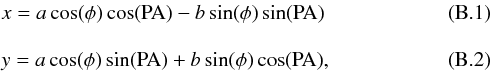 \appendix \setcounter{section}{2} \begin{eqnarray} &&x=a \cos(\phi)\cos({\rm PA})-b \sin(\phi)\sin({\rm PA}) \\[3mm] &&y=a \cos(\phi)\sin({\rm PA})+b \sin(\phi)\cos({\rm PA}), \end{eqnarray}