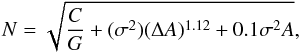 \begin{equation} \label{noise} N=\sqrt{\frac{C}{G}+(\sigma^2)(\Delta A)^{1.12}+0.1\sigma^2A}, \end{equation}