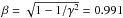 \hbox{$\beta = \sqrt{1 - 1/\gamma^2} = 0.991$}