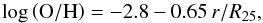 \begin{equation} \log \left({\rm O/H}\right) = -2.8 - 0.65\, r/{R}_{25} , \end{equation}