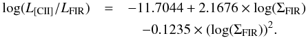 \begin{eqnarray} \log(L_{\rm [CII]}/L_{\rm FIR}) & = & -11.7044 + 2.1676\times \log(\Sigma_{\rm FIR})\nonumber\\ && \quad - 0.1235\times (\log(\Sigma_{\rm FIR}))^2. \label{eq:ciifit} \end{eqnarray}