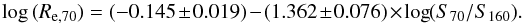 \begin{equation} {\rm log}\,(R_{\rm e,70}) = (-0.145\pm 0.019) - (1.362\pm 0.076)\times \log(S_{70}/S_{160}). \end{equation}