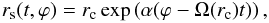 \begin{equation} r_{\rm s}(t,\varphi) = r_{\rm c} \,\mathrm{exp}\left(\alpha (\varphi-\Omega(r_{\rm c})t)\right), \end{equation}