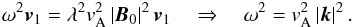 \appendix \setcounter{section}{2} \begin{eqnarray*} \omega ^2 {{{\vec{v}}}}_1 = \lambda^2 v_{\rm A}^2 \left| {\vec{B}}_0 \right|^2 {{{\vec{v}}}}_1 \quad \Rightarrow \quad \omega ^2 = v_{\rm A}^2 \left| {{\vec{k}}} \right|^2 . \end{eqnarray*}