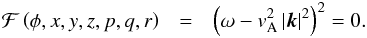 \appendix \setcounter{section}{2} \begin{eqnarray*} \mathcal{F}\left( \phi, x,y,z,p,q,r \right)&=& \left( \omega - v_{\rm A}^2 \left| {{\vec{k}}} \right|^2 \right)^2 =0. \end{eqnarray*}