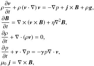 \begin{eqnarray} &&\rho{\partial {\vec{v}} \over \partial t} + \rho \left ({\vec{v}}\cdot \nabla \right){\vec{v}} = - \nabla p + {\vec{j}} \times {\vec{B}} + \rho {{\vec{g}}} \nonumber ,\\ &&{\partial {\vec{B}} \over \partial t} = \nabla \times \left ({\vec{v}} \times {\vec{B}} \right) + \eta \nabla^{2} {\vec{B}} , \nonumber\\ &&{\partial {\rho} \over \partial t} + \nabla \cdot \left (\rho{\vec{v}} \right) = 0 ,\nonumber\\ &&{\partial p \over \partial t} + {\vec{v}} \cdot \nabla p = - \gamma p \nabla \cdot {\vec{v}} ,\nonumber\\ &&{{\mu}_0} \:{\vec{j}} = \nabla \times {\vec{B}} ,\label{4} \end{eqnarray}