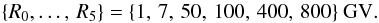 \begin{equation} \{R_0, \dots ,\,R_5\} = \{1,\,7,\,50,\,100,\,400,\,800\}~{\rm GV}. \end{equation}