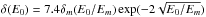 \hbox{$\delta(E_0)=7.4\delta_m(E_0/E_m)\exp(-2\sqrt{E_0/E_m})$}