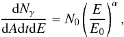 \begin{equation} {{\mathrm{d}N_{\gamma} \over {\mathrm{d}A \mathrm{d}t \mathrm{d}E}}} = N_{0} \left(\frac{E}{E_{0}}\right)^{\alpha} , \end{equation}