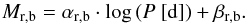 \begin{equation} \vspace*{1.5mm} M_{\rm r,b} = \alpha_{\rm r,b} \cdot \log{(P\ [\rm{d}])} + \beta_{\rm r,b} . \label{eq:PLRred} \vspace*{1.5mm} \end{equation}