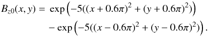\begin{eqnarray} \label{boundaryfluxdipole} B_{z0}(x,y) &=& \mathrm{exp}\left(-5((x+0.6\pi)^2+(y+0.6\pi)^2)\right)\nonumber\\ &&\quad - \mathrm{exp}\left(-5((x-0.6\pi)^2+(y-0.6\pi)^2)\right). \end{eqnarray}