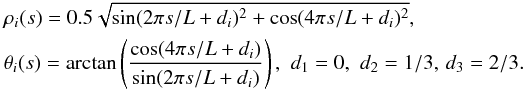 \begin{eqnarray} &&\rho_i(s) = 0.5\sqrt{\sin(2\pi s/L+ d_i)^2 +\cos(4\pi s/L+ d_i)^2},\nonumber\\ &&\theta_{i}(s) = \arctan\left(\frac{\cos(4\pi s/L+ d_i)}{\sin(2\pi s/L+ d_i)}\right) ,\,\, d_1= 0,\,\, d_2 = 1/3,\, d_3 =2/3. \end{eqnarray}