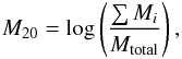\begin{eqnarray} M_{20}=\log \left(\frac{\sum{M_{i}}}{M_{\rm total}}\right) , \label{m20formula} \end{eqnarray}