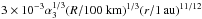 \hbox{$3 \times 10^{-3} \alpha_3^{1/3} (R/100~{\rm km})^{1/3}(r/1\,\au)^{11/12}$}