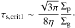 \begin{equation} \tau_{\rm s, crit1} \sim \frac{\sqrt{3\pi}}{8\eta}\frac{\sigp}{\sigg}\cdot \label{eq:tau_s_crit1} \end{equation}