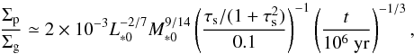 \begin{equation} \frac{\sigp}{\sigg} \simeq 2 \times 10^{-3} L_{*0}^{-2/7}M_{*0}^{9/14} \left(\frac{\st/(1+\st^2)}{0.1}\right)^{-1} \left(\frac{t}{10^6~{\rm yr}}\right)^{-1/3}, \end{equation}