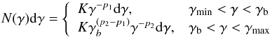 \begin{equation} \label{eq:bknpo} N (\gamma) {\rm d}\gamma =\left\{ \begin{array}{ll} K \gamma^{-p_1}{\rm d}\gamma,& \gamma_{\rm min}<\gamma<\gamma_{\rm b} \\ K \gamma^{(p_2-p_1)}_b \gamma^{-p_2}{\rm d}\gamma,& \gamma_{\rm b}<\gamma<\gamma_{\rm max} \end{array} \right. \end{equation}