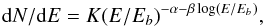 \begin{equation} {\rm d}N/{\rm d}E = K(E/E_b)^{-\alpha -\beta \log(E/E_{b})} , \end{equation}