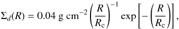 \begin{equation} \Sigma_d(R) = 0.04~{\rm g~cm^{-2}}\left(\frac{R}{R_{\rm c}}\right)^{-1}{\rm exp}\left[-\left(\frac{R}{R_{\rm c}}\right)\right]{\rm,} \end{equation}
