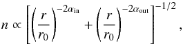 \begin{equation} \label{eqn:dustdens} n \propto \left[\left( \frac{r}{r_0} \right)^{-2\alpha_{\mathrm{in}}} + \left( \frac{r}{r_0} \right)^{-2\alpha_{\mathrm{out}}} \right] ^{-1/2}, \end{equation}