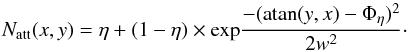 \appendix \setcounter{section}{1} \begin{equation} N_{\mathrm{att}}(x, y) = \eta + (1 - \eta) \times \mathrm{exp}\frac{-(\mathrm{atan}(y,x) - \Phi_{\eta})^2}{2w^2}\cdot \end{equation}