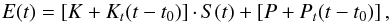 \begin{eqnarray*} E(t)=\left[K+K_t(t-t_0)\right]\cdotp S(t) + \left[P+P_t(t-t_0)\right], \end{eqnarray*}