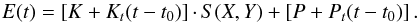 \begin{eqnarray*} E(t)=\left[K+K_t(t-t_0)\right]\cdotp S(X,Y) + \left[P+P_t(t-t_0)\right]. \end{eqnarray*}