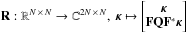 \hbox{$\mathbf{R}: \mathbb{R}^{N \,\times\, N} \rightarrow \mathbb{C}^{2 N\, \times\, N}, \ \bm{\kappa} \mapsto \left[\begin{matrix} \bm{\kappa} \\ \mathbf{F} \mathbf{Q} \mathbf{F}^* \bm{\kappa} \end{matrix} \right]$}