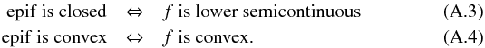 \appendix \setcounter{section}{1} \begin{eqnarray} \epi f \mbox{ is closed} &\Leftrightarrow& f\mbox{ is lower semicontinuous} \\ \epi f \mbox{ is convex} &\Leftrightarrow& f\mbox{ is convex.} \end{eqnarray}