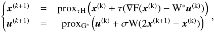 \appendix \setcounter{section}{1} \begin{equation} \left\lbrace\begin{matrix} \bm{x}^{(k+1)} &=& \prox_{\tau H} \left( \bm{x}^{(k)} + \tau (\nabla F( \bm{x}^{(k)}) - W^* \bm{u}^{(k)} ) \right)\\ \bm{u}^{(k+1)} &=& \prox_{G^*} \left( \bm{u}^{(k)} + \sigma W (2 \bm{x}^{(k+1)} - \bm{x}^{(k)}) \right) \end{matrix}\right. , \label{eq:primal_dual_main_iteration} \end{equation}
