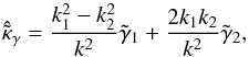 \begin{equation} \hat{ \tilde{\kappa}}_\gamma = \frac{k_1^2 - k_2^2}{k^2}\tilde{\gamma}_1 + \frac{2 k_1 k_2}{k^2}\tilde{\gamma}_2, \label{eq:shear_minimum_variance} \end{equation}