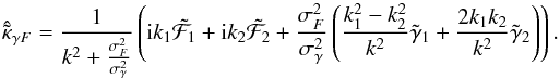 \begin{equation} \hat{\tilde{\kappa}}_{\gamma F} = \frac{1}{k^2 + \frac{\sigma_F^2}{\sigma_\gamma^2}} \left( {\rm i} k_1 \tilde{\mathcal{F}}_1 + {\rm i} k_2 \tilde{\mathcal{F}}_2 + \frac{\sigma_F^2}{\sigma_\gamma^2}\left( \frac{k_1^2 - k_2^2}{k^2} \tilde{\gamma}_1 + \frac{2k_1 k_2}{k^2} \tilde{\gamma}_2\right)\right) . \label{eq:flexion_minimum_variance} \end{equation}