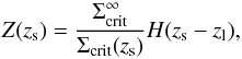 \begin{equation} Z(z_{\rm s}) = \frac{\Sigma_{\rm crit}^{\infty}}{\Sigma_{\rm crit}(z_{\rm s})} H(z_{\rm s} - z_{\rm l}) , \end{equation}
