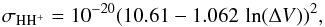 \begin{equation} \sigma_{{\rm HH}^{+}} = 10^{-20}(10.61-1.062\,\ln(\Delta V))^2 , \end{equation}