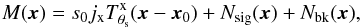 \begin{eqnarray} \label{eq:Xray_map_2} {M}({\vec x}) = s_{0} j_{\rm x} T^{\rm{x}}_{\theta_{\rm s}}({\vec x}-{\vec x}_0) + N_{\rm sig}({\vec x}) + N_{\rm bk}({\vec x}), \end{eqnarray}