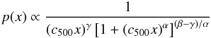 \begin{eqnarray} \label{eq:pressure_prof} p(x) \propto \frac{1}{\left( c_{500}x\right) ^{\gamma} \left[1+\left( c_{500}x\right) ^{\alpha}\right]^{(\beta-\gamma)/\alpha} } \end{eqnarray}